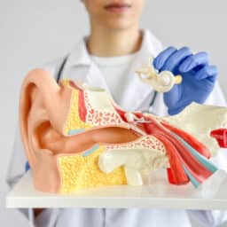 Doctor holding and showing human auditory system.